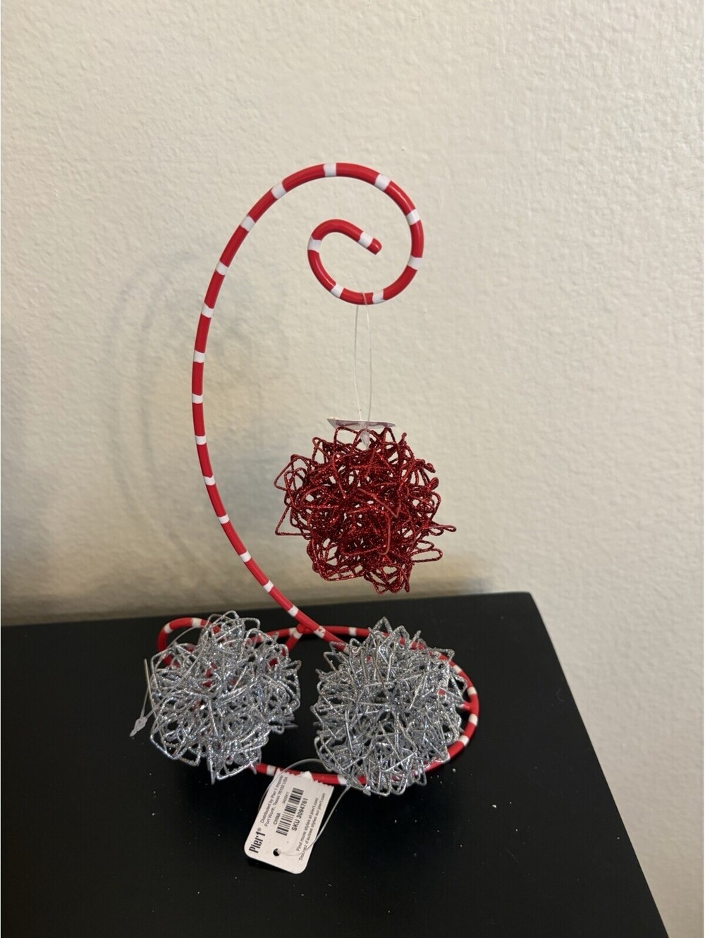 Pier 1 VTG Glitter Ball Wire Ornaments Set Of 3 1Red 2 Silver Tags Hang Or Sit